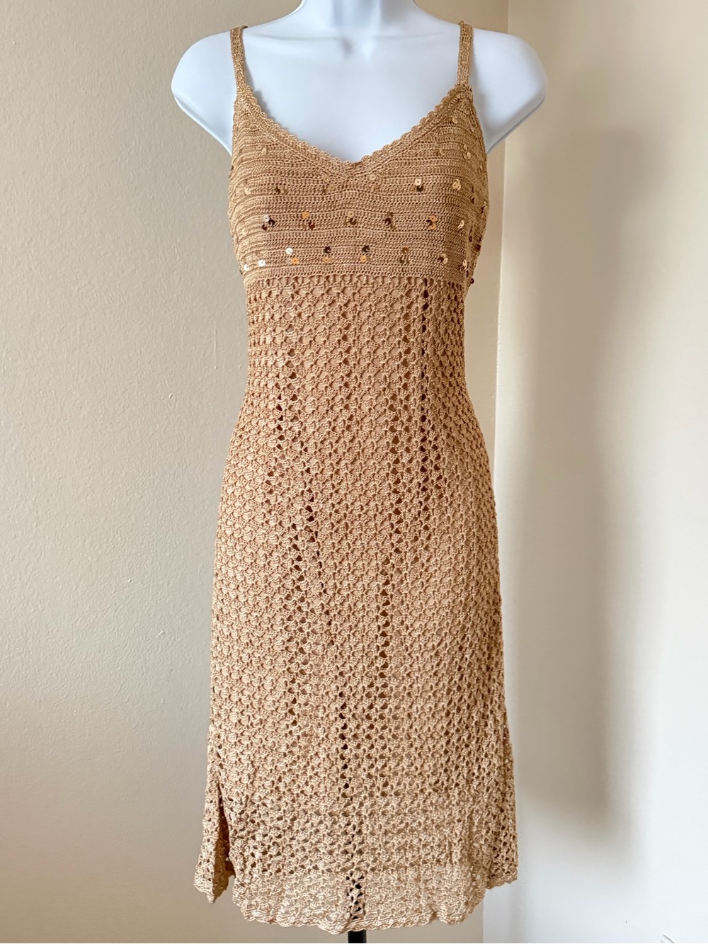 Crochet Sequin Vintage Y2K tan statement piece embellished showgirl Dress L